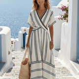 Dames Maxi Jurk met Gestreept Patroon en Strikceintuur