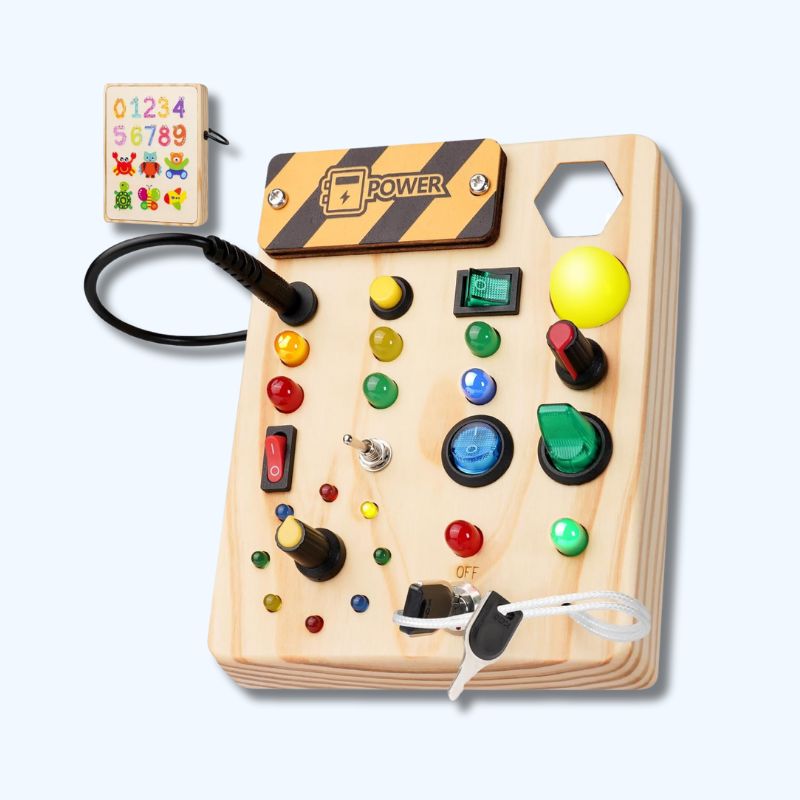 Montessori peuter drukbord van hout – educatief sensorisch speelgoed met 27 LED-lampjes voor kinderen van 1 tot 6 jaar, bevordert fijne motoriek en logisch denken.