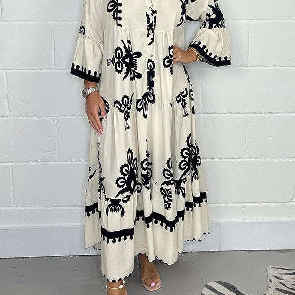 Maxi Jurk met Botanische Print en V-Hals