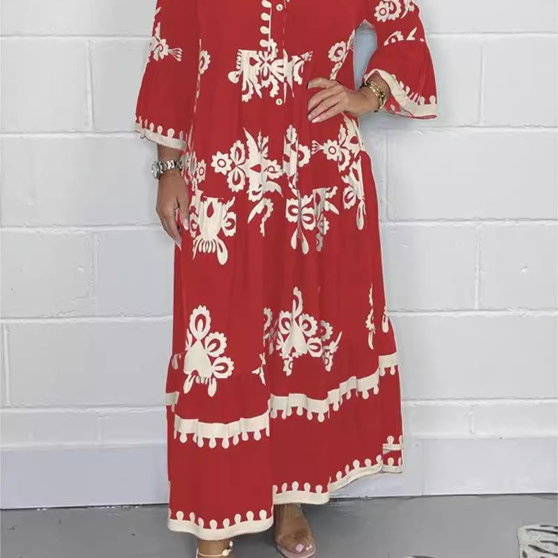 Maxi Jurk met Botanische Print en V-Hals