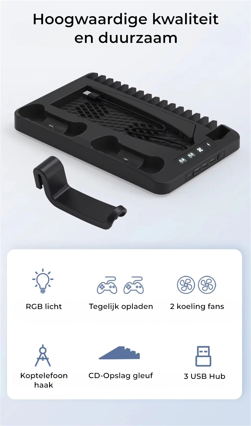 PS5Dock – 4-in-1 multifunctioneel dock station voor PS5. Laadt controllers op, organiseert accessoires en houdt je console netjes en koel voor een optimale game-ervaring.