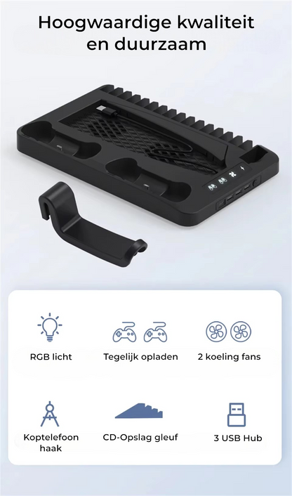 PS5Dock – 4-in-1 multifunctioneel dock station voor PS5. Laadt controllers op, organiseert accessoires en houdt je console netjes en koel voor een optimale game-ervaring.