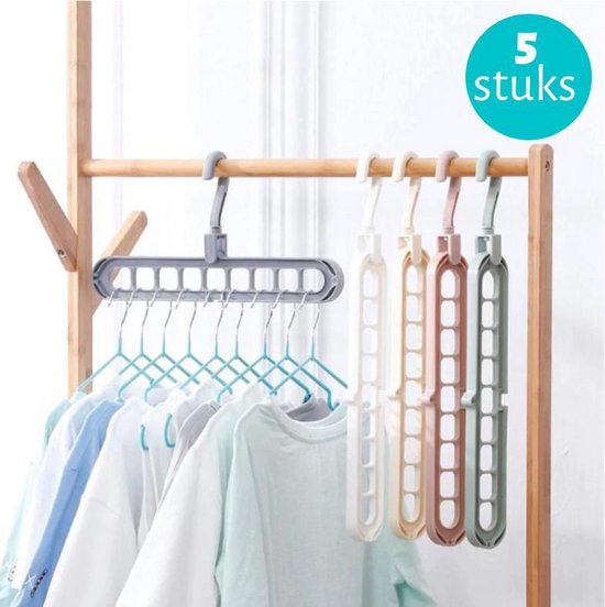 Set van 5 stevige en duurzame kunststof kledinghangers in multicolor – ideaal voor het netjes ophangen van kleding zonder vervorming.