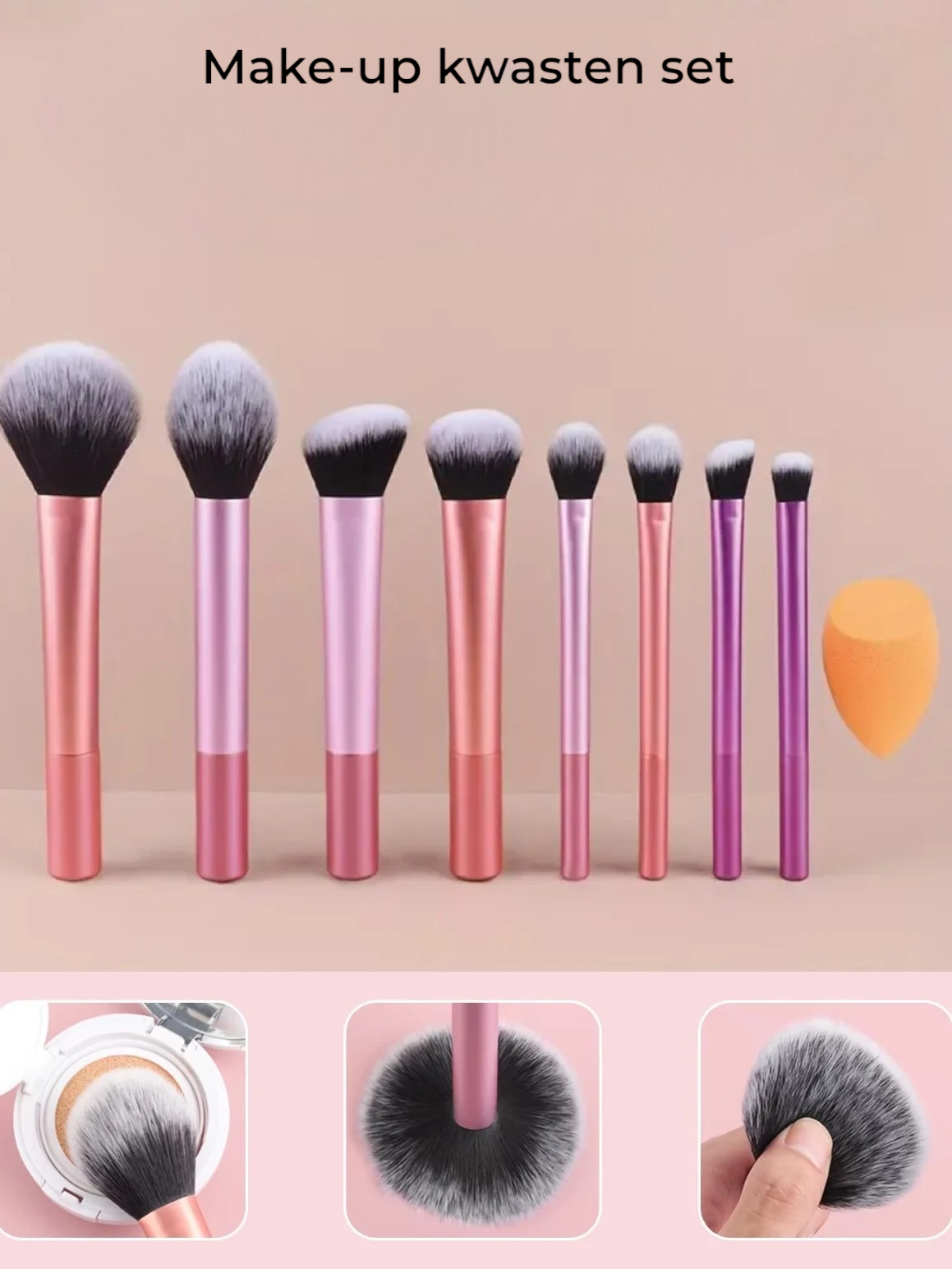 8-delige make-up kwastenset – perfect voor poeder, blush, oogschaduw & contour. Inclusief schuine make-up spons voor een vlekkeloze applicatie.
