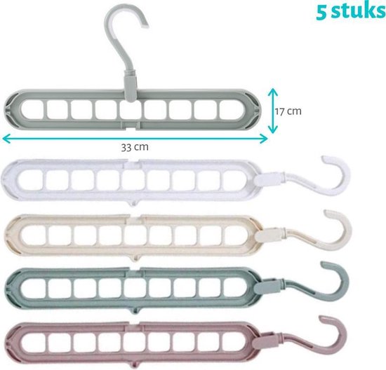 Set van 5 stevige en duurzame kunststof kledinghangers in multicolor – ideaal voor het netjes ophangen van kleding zonder vervorming.