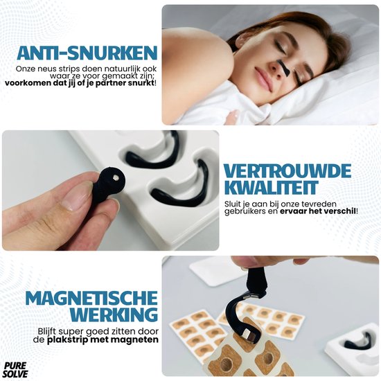 Magnetische neusstrips tegen snurken – Bevordert een open neusademhaling, vermindert snurkgeluiden en ondersteunt sportprestaties. Ideaal voor een rustige nacht en optimale zuurstofopname tijdens het sporten. Comfortabel, huidvriendelijk en effectief voor betere slaap en ademhaling.