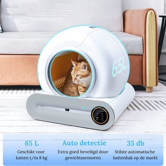 Tonepie 65L slimme kattenbak – automatisch, zelfreinigend systeem voor gemak en hygiëne. Houdt de kattenbak schoon zonder gedoe.