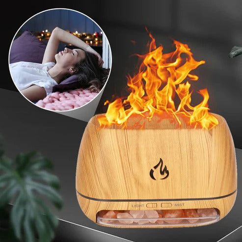 Himalaya kristalzoutsteen luchtbevochtiger – 3D vlam vuureffect, kleurrijk nachtlampje en aromatherapie diffuser voor een rustgevende sfeer.