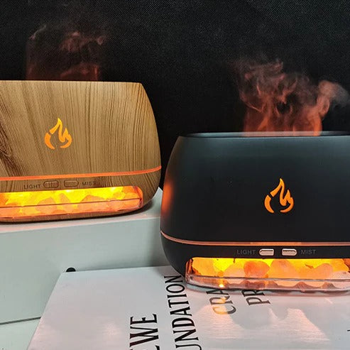 Himalaya kristalzoutsteen luchtbevochtiger – 3D vlam vuureffect, kleurrijk nachtlampje en aromatherapie diffuser voor een rustgevende sfeer.