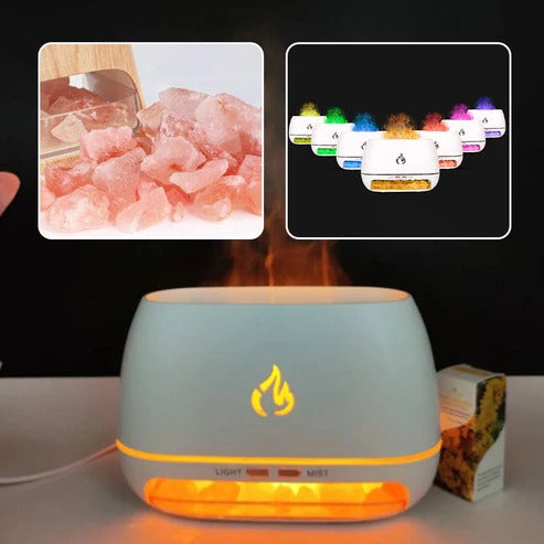 Himalaya kristalzoutsteen luchtbevochtiger – 3D vlam vuureffect, kleurrijk nachtlampje en aromatherapie diffuser voor een rustgevende sfeer.