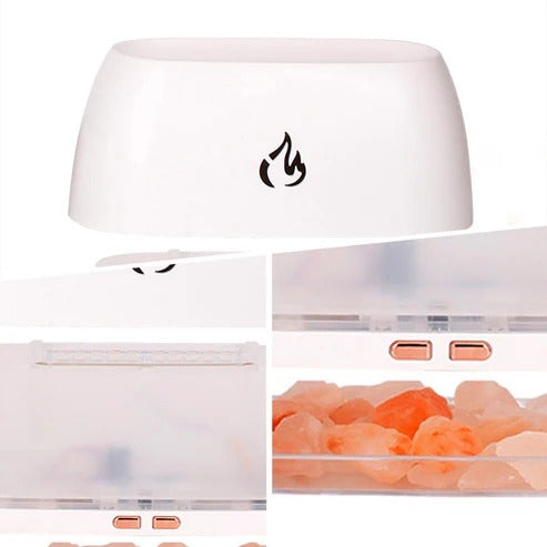 Himalaya kristalzoutsteen luchtbevochtiger – 3D vlam vuureffect, kleurrijk nachtlampje en aromatherapie diffuser voor een rustgevende sfeer.