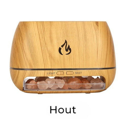 Himalaya kristalzoutsteen luchtbevochtiger – 3D vlam vuureffect, kleurrijk nachtlampje en aromatherapie diffuser voor een rustgevende sfeer.