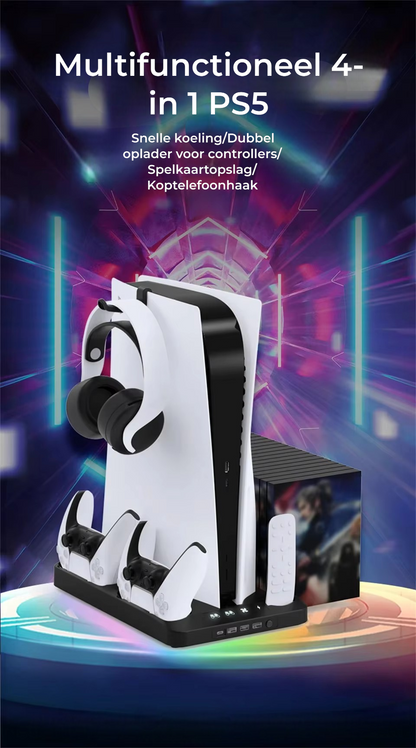 PS5Dock – 4-in-1 multifunctioneel dock station voor PS5. Laadt controllers op, organiseert accessoires en houdt je console netjes en koel voor een optimale game-ervaring.