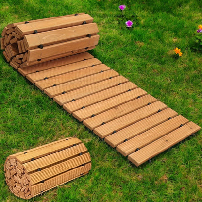 Rolbare Houten Tuinpadmat – Duurzame en flexibele mat voor buiten, biedt antislip bescherming en is ideaal voor tuinpaden en terrassen.