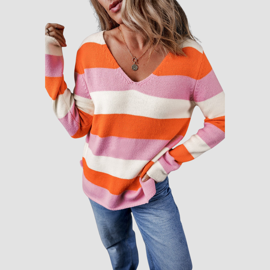 Losse sweater met V-hals in kleurblokken, model Zara – comfortabele pasvorm en stijlvolle uitstraling voor dagelijks gebruik.