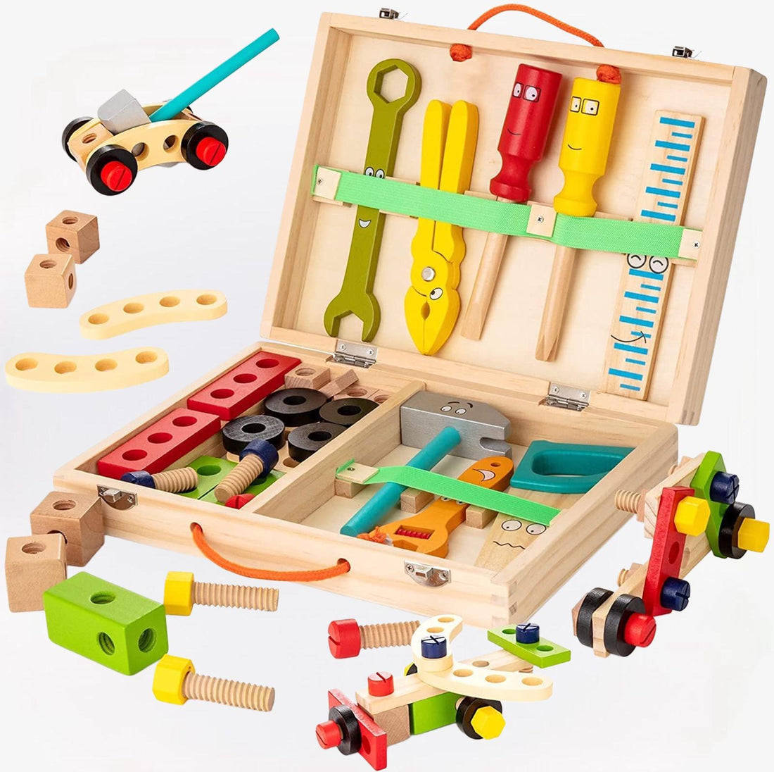 Montessori kinder gereedschapskist – duurzaam houten speelgoed, compleet met gereedschap en stimuleert creatief spel en motorische vaardigheden bij kinderen.