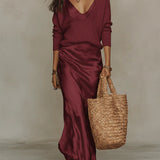 Dames Satin Maxi Jurk met Overslag V-hals