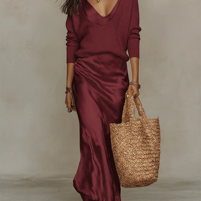 Dames Satin Maxi Jurk met Overslag V-hals