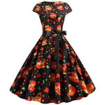 Halloween kostuum jurk midi – damesjurk met geest- en pompoenprint, comfortabele pasvorm en speels design, perfect voor Halloweenfeestjes en cosplay.