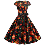 Halloween kostuum jurk midi – damesjurk met geest- en pompoenprint, comfortabele pasvorm en speels design, perfect voor Halloweenfeestjes en cosplay.