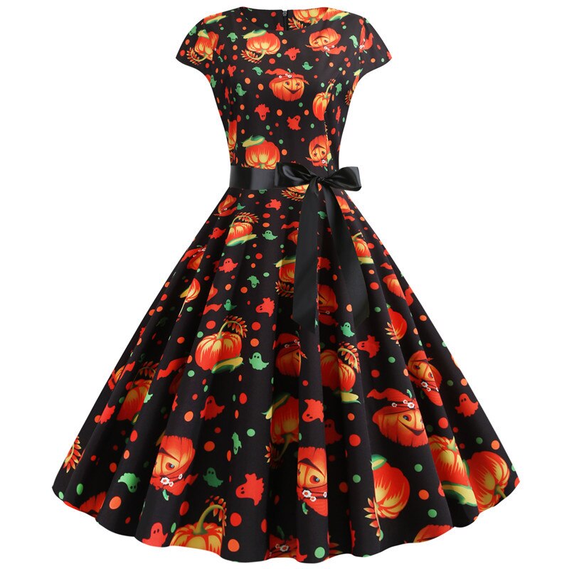 Halloween kostuum jurk midi – damesjurk met geest- en pompoenprint, comfortabele pasvorm en speels design, perfect voor Halloweenfeestjes en cosplay.