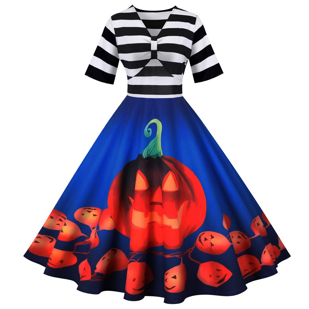 Halloween midi jurk – vintage pompoenschommel kostuum voor dames, comfortabele pasvorm met speels en feestelijk design, ideaal voor Halloween en verkleedfeesten.