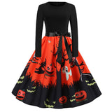 Halloween mini jurk – gothic cartoon print met lange mouwen voor dames, comfortabele pasvorm met speels en eng ontwerp, perfect voor Halloween en verkleedfeesten.