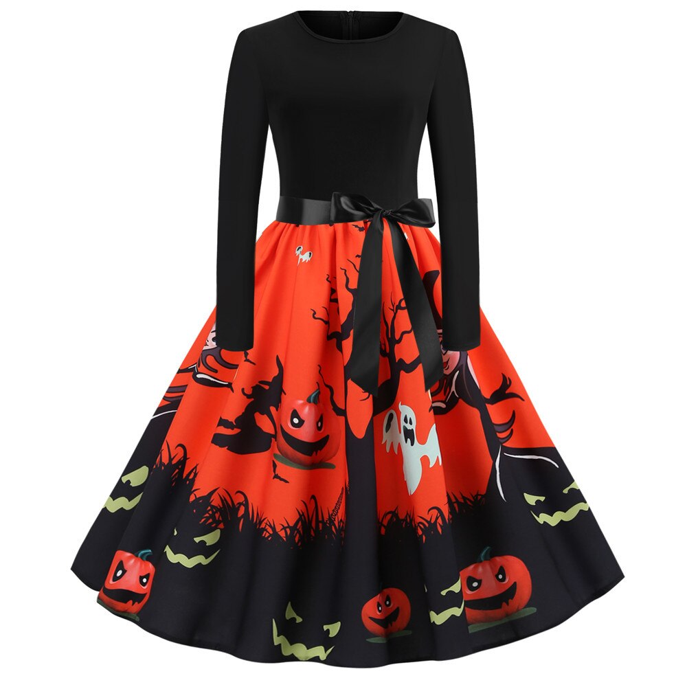 Halloween mini jurk – gothic cartoon print met lange mouwen voor dames, comfortabele pasvorm met speels en eng ontwerp, perfect voor Halloween en verkleedfeesten.