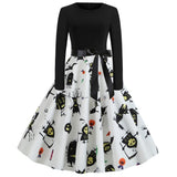 Halloween mini jurk – gothic cartoon print met lange mouwen voor dames, comfortabele pasvorm met speels en eng ontwerp, perfect voor Halloween en verkleedfeesten.