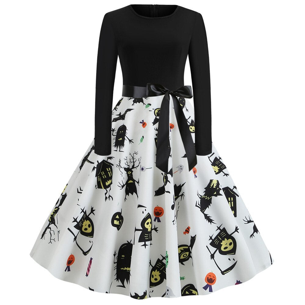 Halloween mini jurk – gothic cartoon print met lange mouwen voor dames, comfortabele pasvorm met speels en eng ontwerp, perfect voor Halloween en verkleedfeesten.