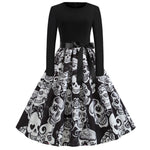 Halloween mini jurk – gothic cartoon print met lange mouwen voor dames, comfortabele pasvorm met speels en eng ontwerp, perfect voor Halloween en verkleedfeesten.