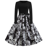 Halloween mini jurk – gothic cartoon print met lange mouwen voor dames, comfortabele pasvorm met speels en eng ontwerp, perfect voor Halloween en verkleedfeesten.
