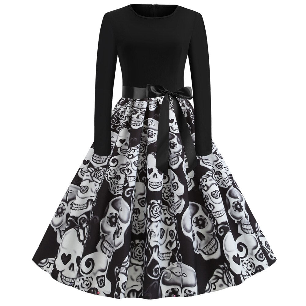 Halloween mini jurk – gothic cartoon print met lange mouwen voor dames, comfortabele pasvorm met speels en eng ontwerp, perfect voor Halloween en verkleedfeesten.