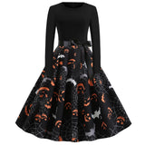 Halloween mini jurk – gothic cartoon print met lange mouwen voor dames, comfortabele pasvorm met speels en eng ontwerp, perfect voor Halloween en verkleedfeesten.