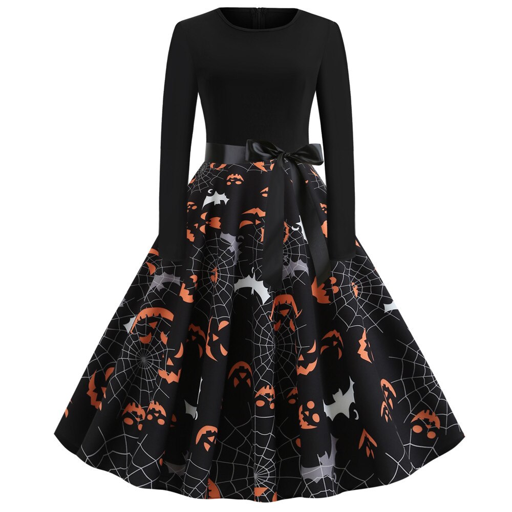 Halloween mini jurk – gothic cartoon print met lange mouwen voor dames, comfortabele pasvorm met speels en eng ontwerp, perfect voor Halloween en verkleedfeesten.