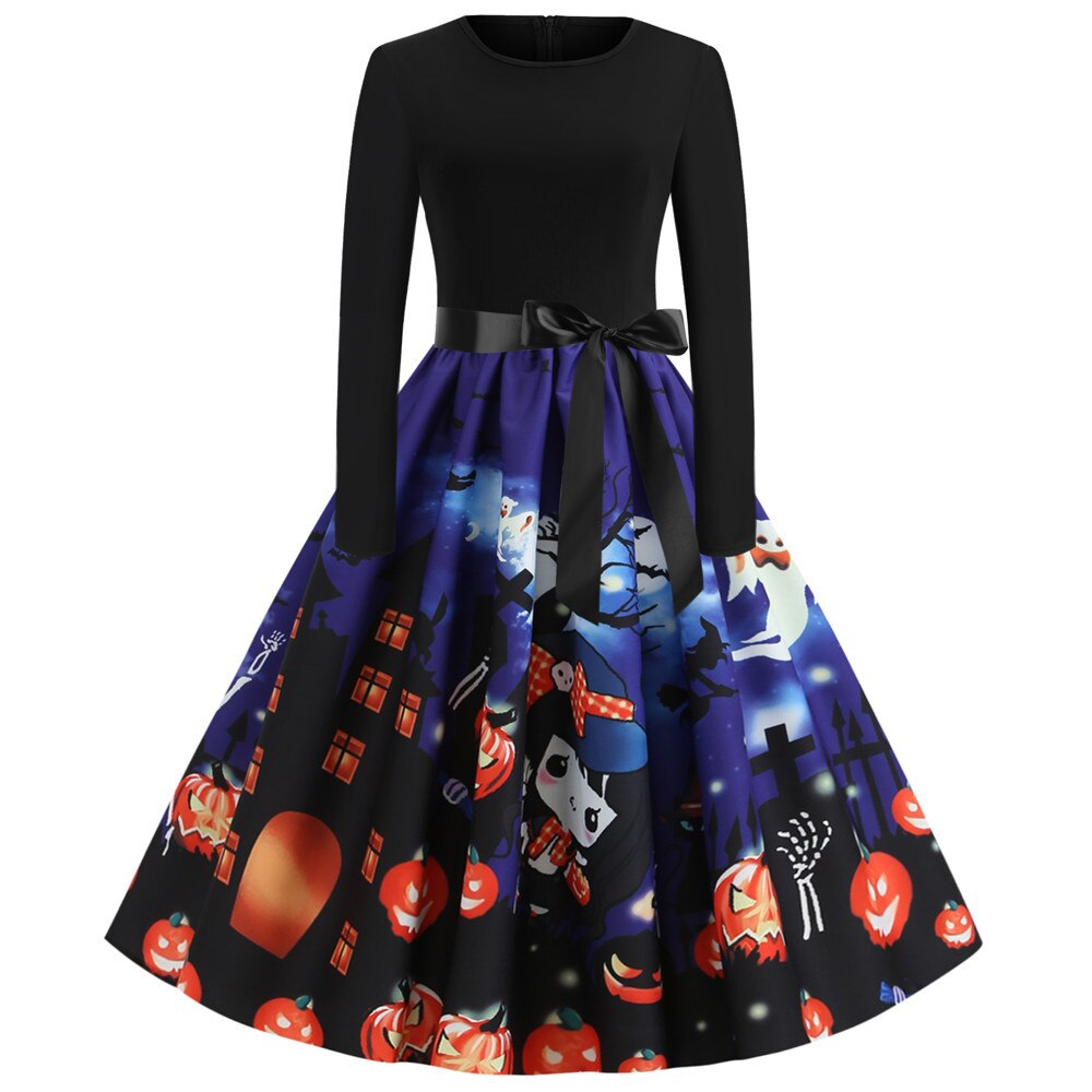 Halloween mini jurk – gothic cartoon print met lange mouwen voor dames, comfortabele pasvorm met speels en eng ontwerp, perfect voor Halloween en verkleedfeesten.