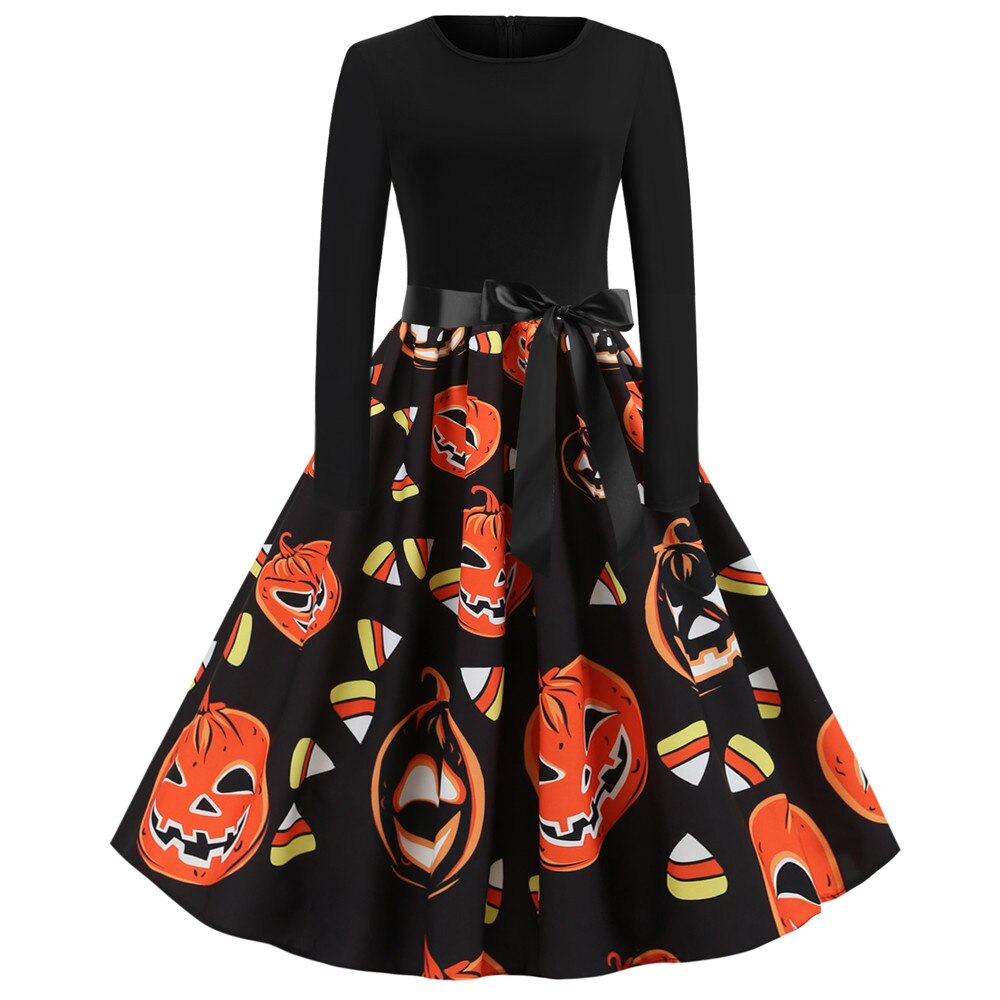 Halloween mini jurk – gothic cartoon print met lange mouwen voor dames, comfortabele pasvorm met speels en eng ontwerp, perfect voor Halloween en verkleedfeesten.