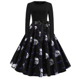 Halloween mini jurk – gothic cartoon print met lange mouwen voor dames, comfortabele pasvorm met speels en eng ontwerp, perfect voor Halloween en verkleedfeesten.