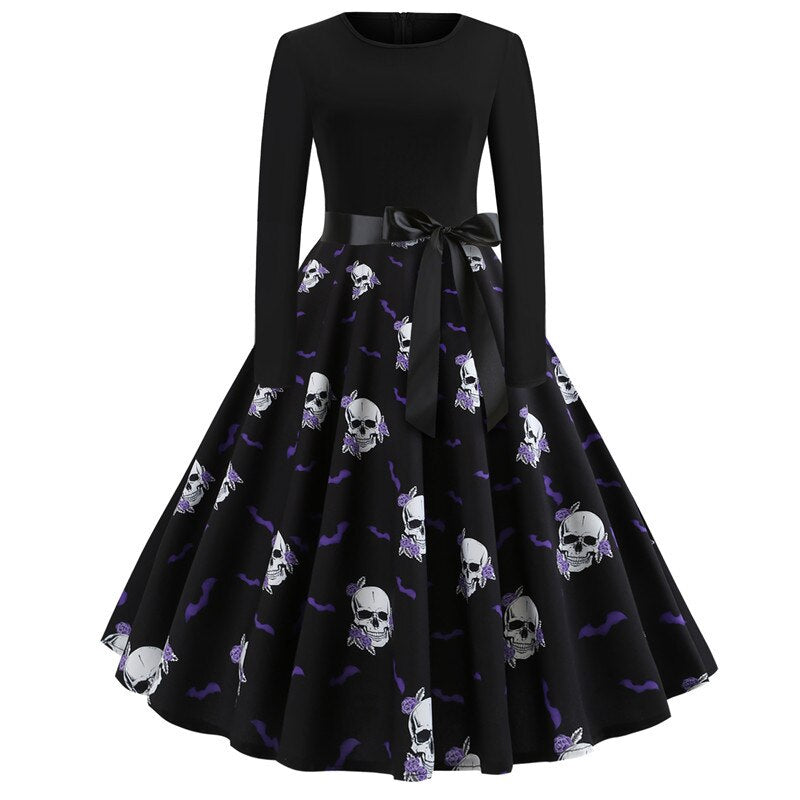 Halloween mini jurk – gothic cartoon print met lange mouwen voor dames, comfortabele pasvorm met speels en eng ontwerp, perfect voor Halloween en verkleedfeesten.