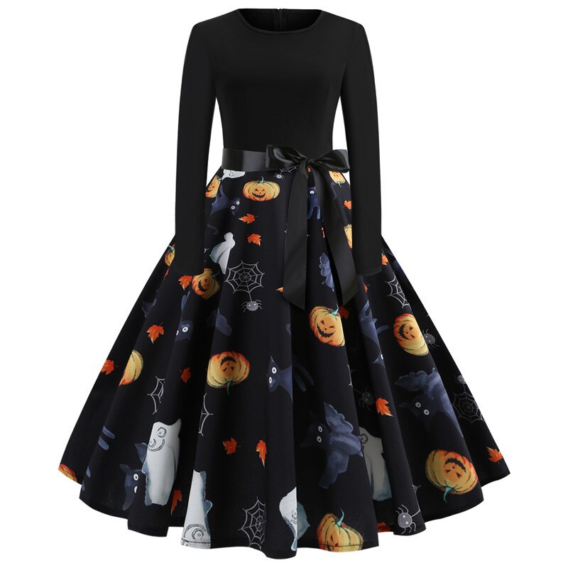 Halloween mini jurk – gothic cartoon print met lange mouwen voor dames, comfortabele pasvorm met speels en eng ontwerp, perfect voor Halloween en verkleedfeesten.