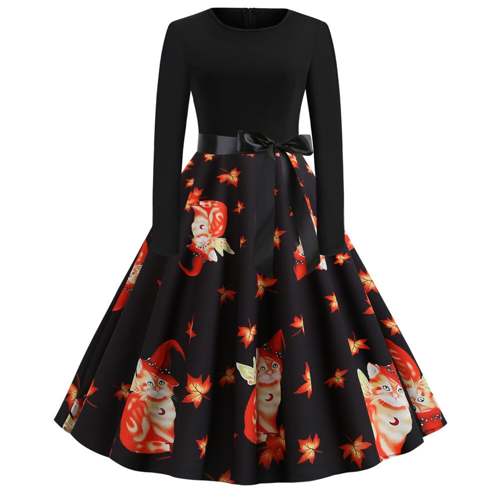 Halloween mini jurk – gothic cartoon print met lange mouwen voor dames, comfortabele pasvorm met speels en eng ontwerp, perfect voor Halloween en verkleedfeesten.