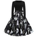 Halloween mini jurk – gothic cartoon print met lange mouwen voor dames, comfortabele pasvorm met speels en eng ontwerp, perfect voor Halloween en verkleedfeesten.