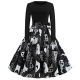 Halloween mini jurk – gothic cartoon print met lange mouwen voor dames, comfortabele pasvorm met speels en eng ontwerp, perfect voor Halloween en verkleedfeesten.