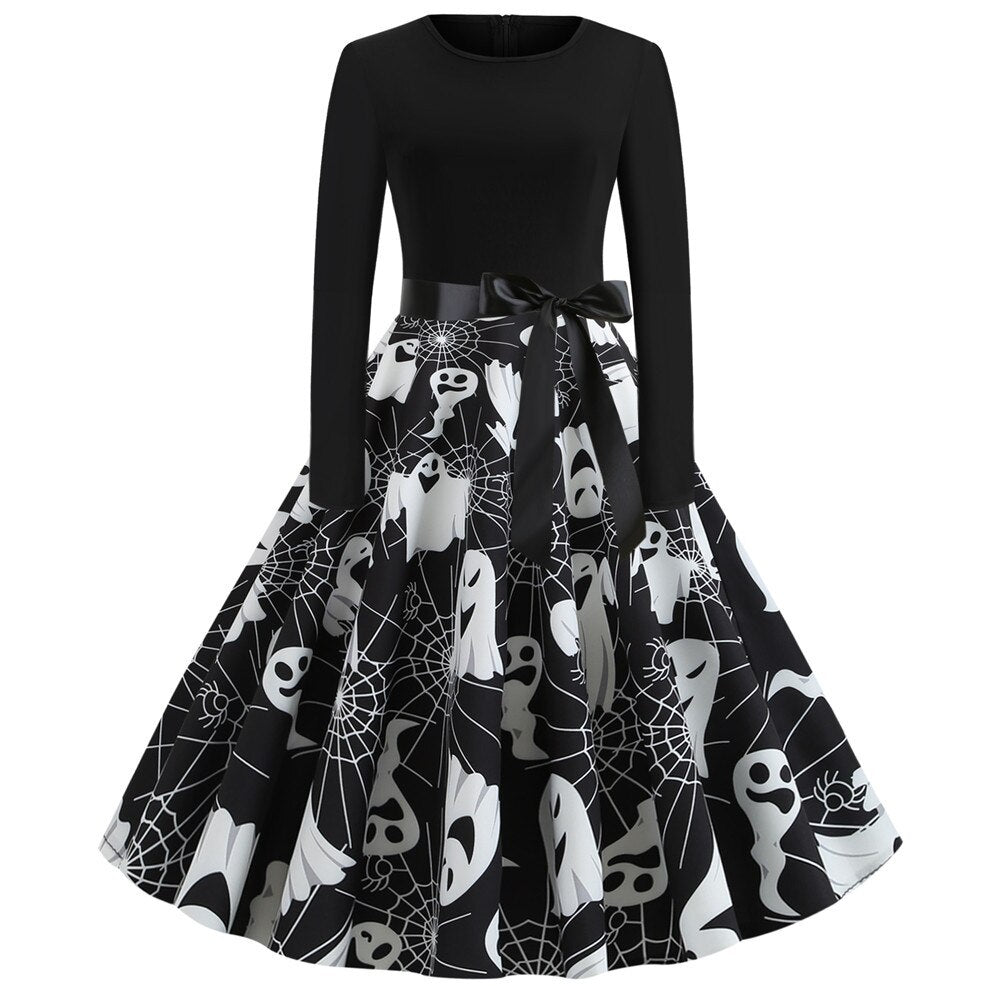 Halloween mini jurk – gothic cartoon print met lange mouwen voor dames, comfortabele pasvorm met speels en eng ontwerp, perfect voor Halloween en verkleedfeesten.