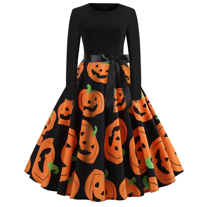 Halloween mini jurk – gothic cartoon print met lange mouwen voor dames, comfortabele pasvorm met speels en eng ontwerp, perfect voor Halloween en verkleedfeesten.