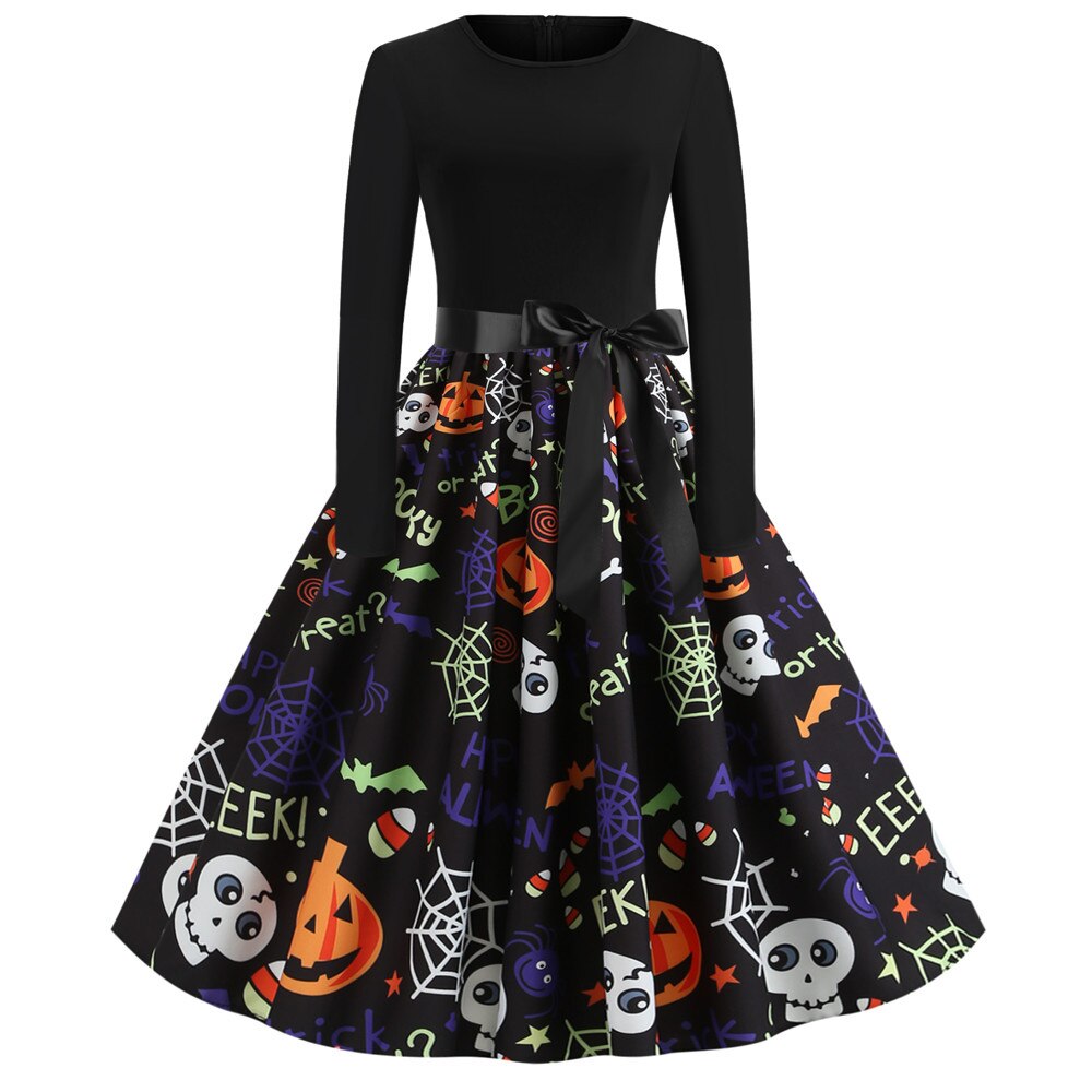 Halloween mini jurk – gothic cartoon print met lange mouwen voor dames, comfortabele pasvorm met speels en eng ontwerp, perfect voor Halloween en verkleedfeesten.