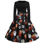 Halloween mini jurk – gothic cartoon print met lange mouwen voor dames, comfortabele pasvorm met speels en eng ontwerp, perfect voor Halloween en verkleedfeesten.