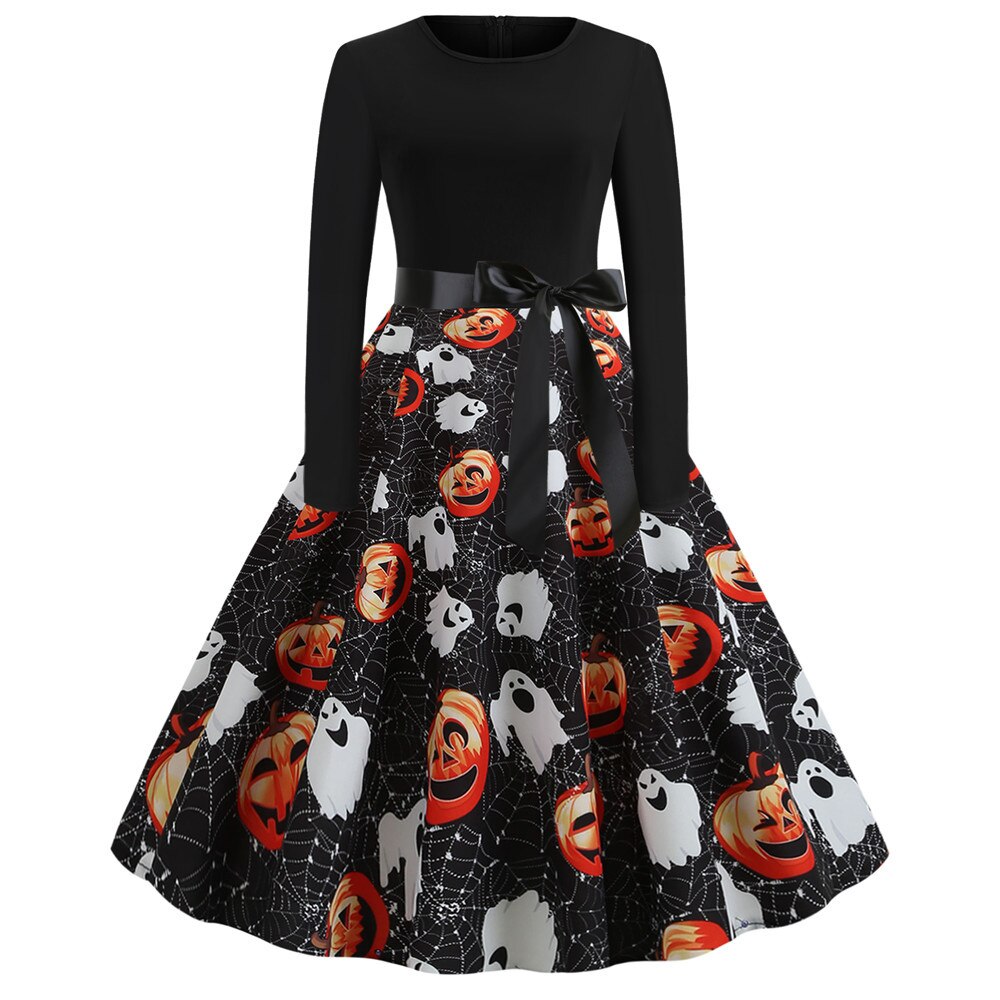 Halloween mini jurk – gothic cartoon print met lange mouwen voor dames, comfortabele pasvorm met speels en eng ontwerp, perfect voor Halloween en verkleedfeesten.