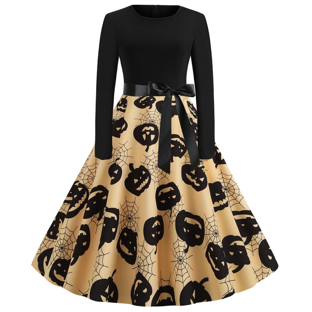 Halloween mini jurk – gothic cartoon print met lange mouwen voor dames, comfortabele pasvorm met speels en eng ontwerp, perfect voor Halloween en verkleedfeesten.