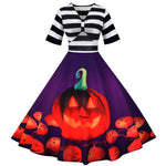 Halloween midi jurk – vintage pompoenschommel kostuum voor dames, comfortabele pasvorm met speels en feestelijk design, ideaal voor Halloween en verkleedfeesten.